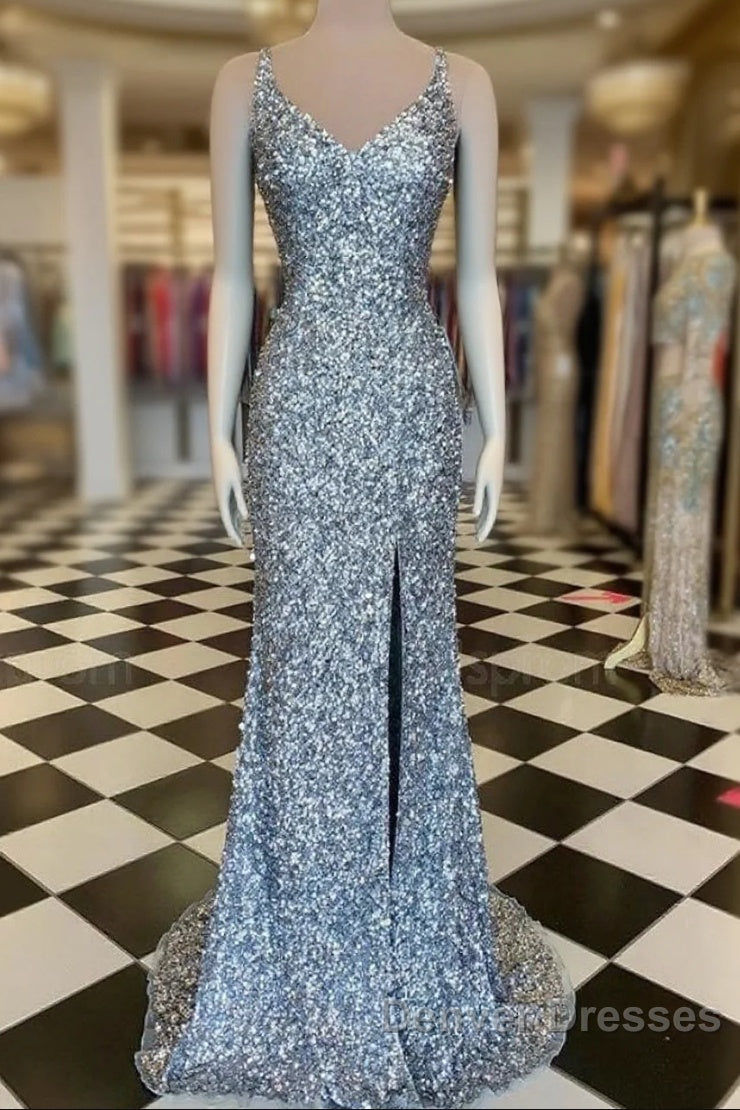 Mermaid Silver Sequin Prom Dress V-Neck Long Formal Gown Slit Main image