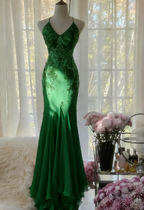 Mermaid Spaghetti Strap Chiffon Applique Long Prom Dress Temperament Party Dress