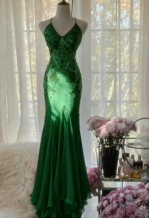 Mermaid Spaghetti Strap Chiffon Applique Long Prom Dress Temperament Party Dress