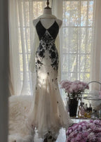 Mermaid Spaghetti Strap Chiffon Applique Long Prom Dress Temperament Party Dress