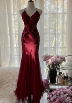 Mermaid Spaghetti Strap Chiffon Applique Long Prom Dress Temperament Party Dress