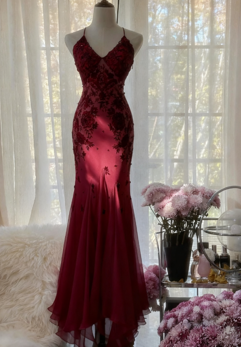 Mermaid Spaghetti Strap Chiffon Applique Long Prom Dress Temperament Party Dress