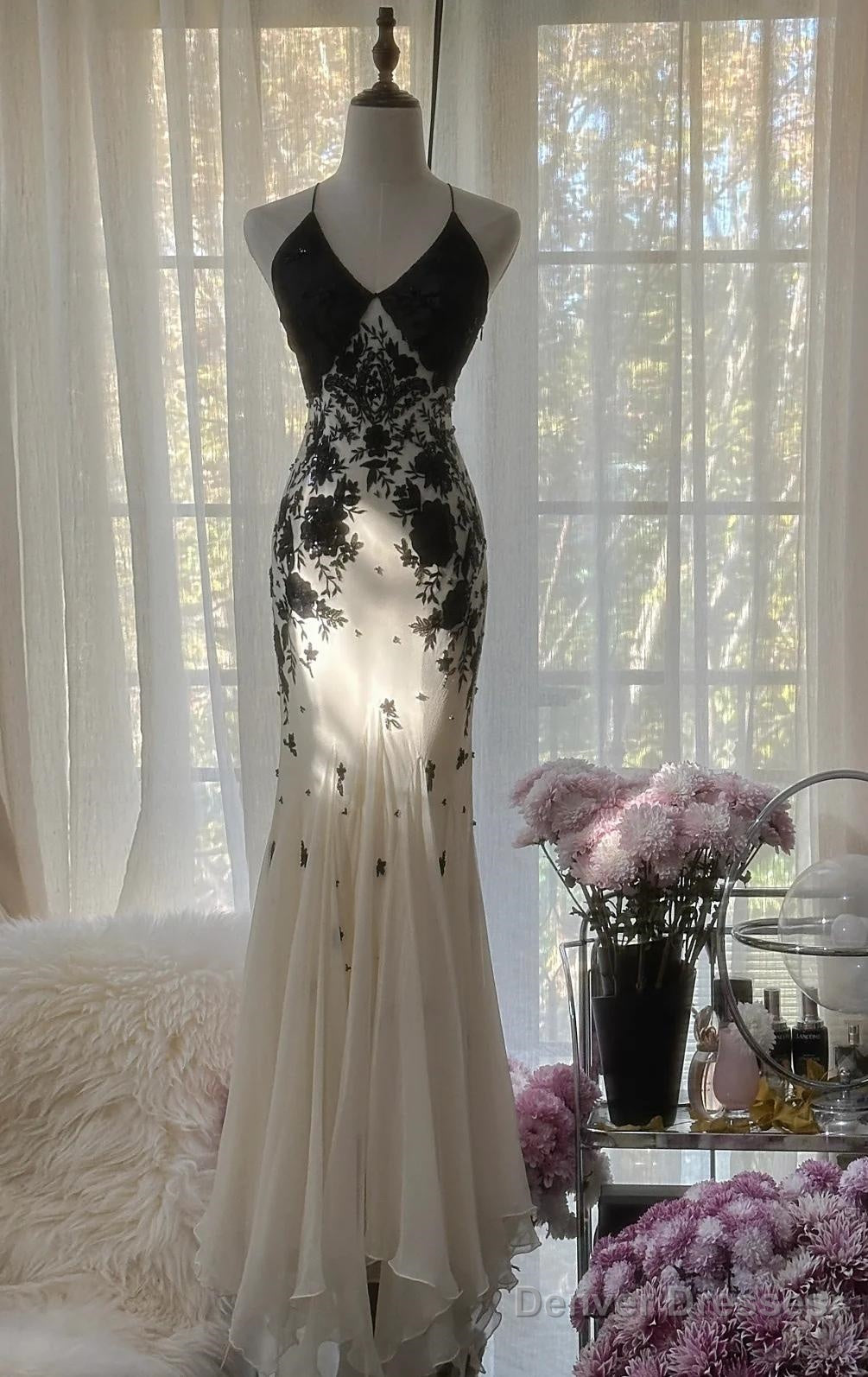 Mermaid Spaghetti Strap Chiffon Applique Long Prom Dress Temperament Birthday Dress Main image