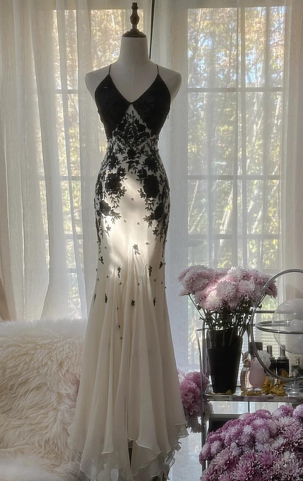 Mermaid Spaghetti Strap Chiffon Applique Long Prom Dress Temperament Party Dress Main image