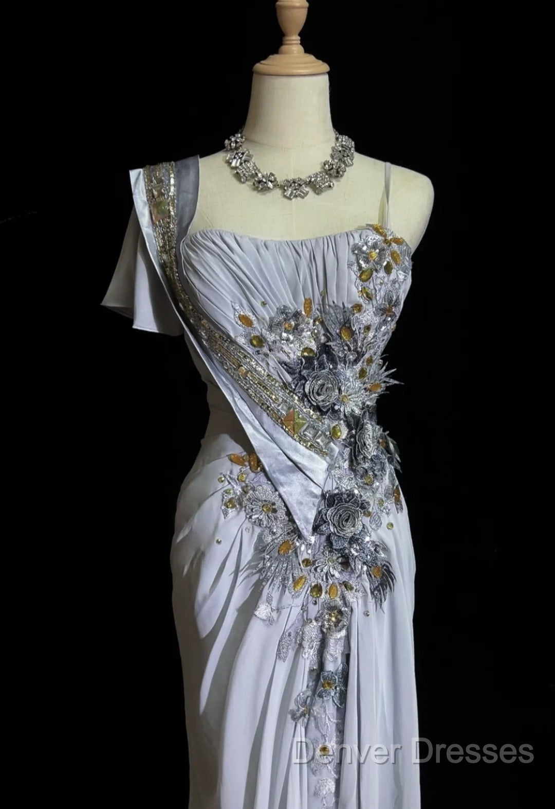 Mermaid Spaghetti Strap Chiffon Beaded Sequin Long Prom Dress Embroidered Applique Evening Gown