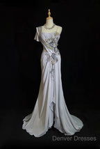 Mermaid Spaghetti Strap Chiffon Beaded Sequin Long Prom Dress Embroidered Applique Evening Gown