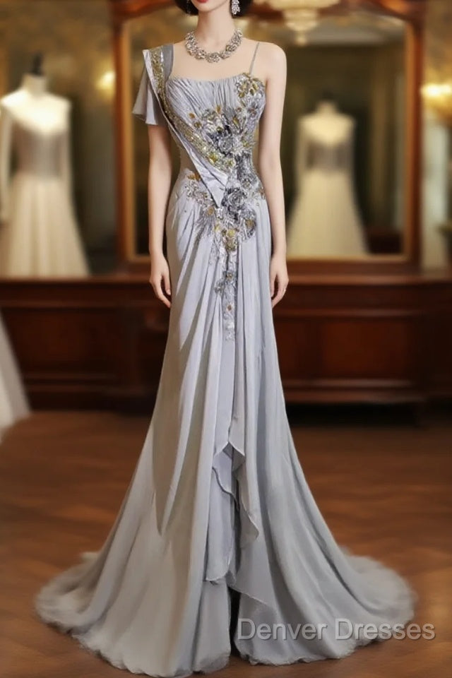 Mermaid Spaghetti Strap Chiffon Beaded Sequin Long Prom Dress Embroidered Applique Evening Gown