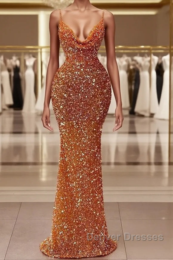Mermaid Spaghetti strap Sequined Floor-length Sleeveless Elegant Prom Dress