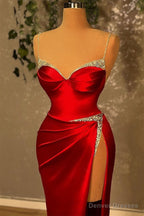 Mermaid Spaghetti Strap Sweetheart Floor-length Sleeveless Red High Split Prom Dresses
