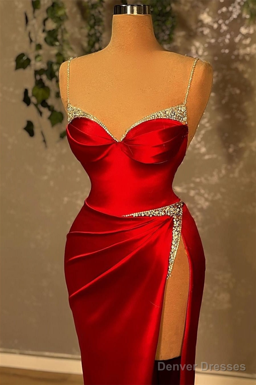 Mermaid Spaghetti Strap Sweetheart Floor-length Sleeveless Red High Split Prom Dresses