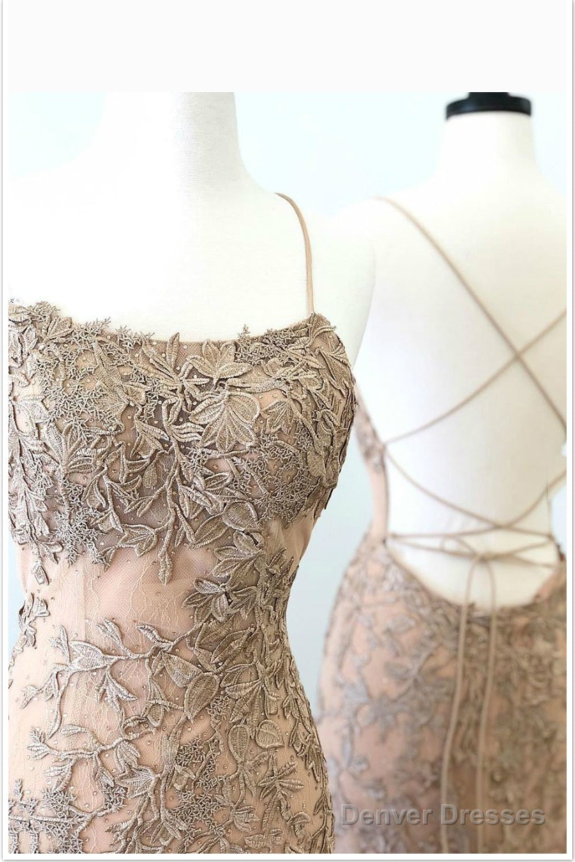 Mermaid Spaghetti Straps Applique Lace Prom Dresses With Sweep Train Secondary image