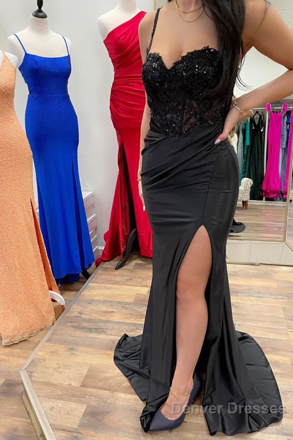 Mermaid Spaghetti Straps Black Long Prom Dress with Split Front Main image