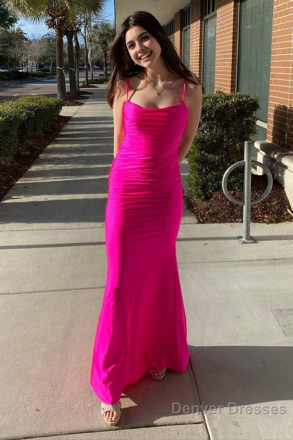 Mermaid Spaghetti Straps Hot Pink Long Prom Dress with Open Back Main image