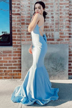 Mermaid Spaghetti Straps Light Blue Long Prom Dress with Open Back