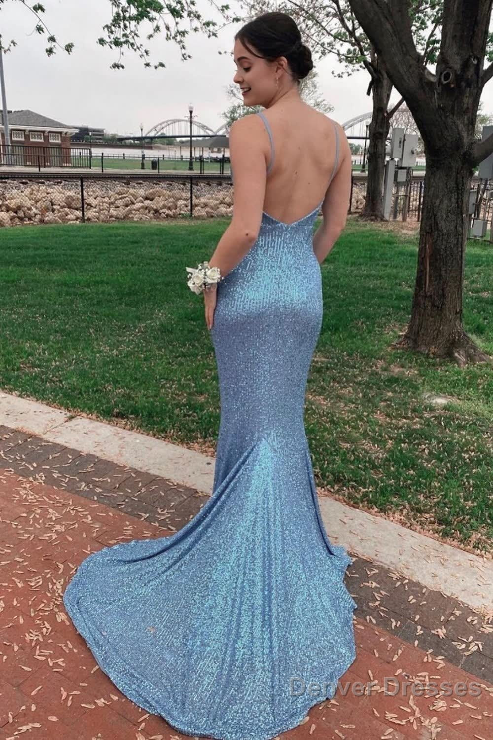 Mermaid Spaghetti Straps Light Blue Sequins Backless Long Prom Dress Secondary image