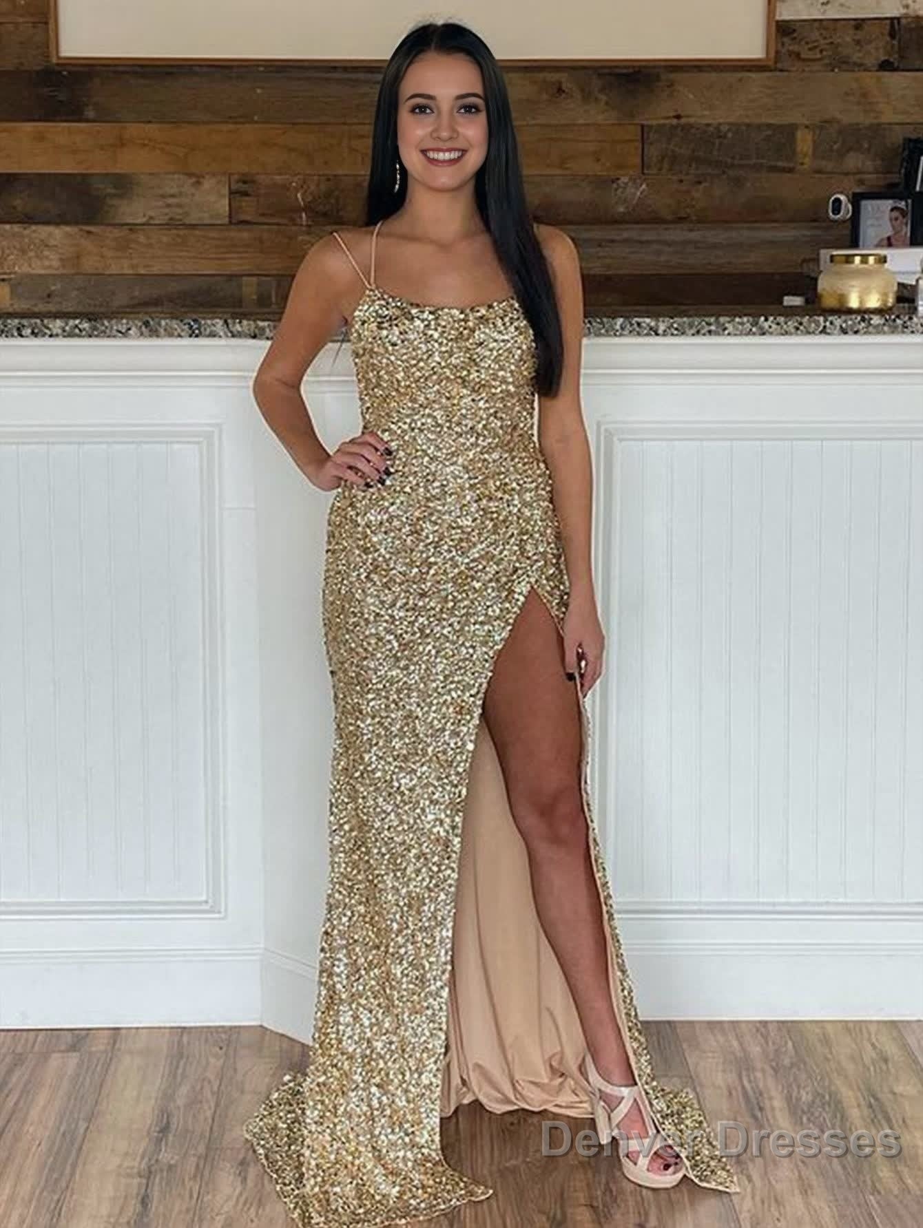 Mermaid Spaghetti Straps Long Sequins Prom Dress