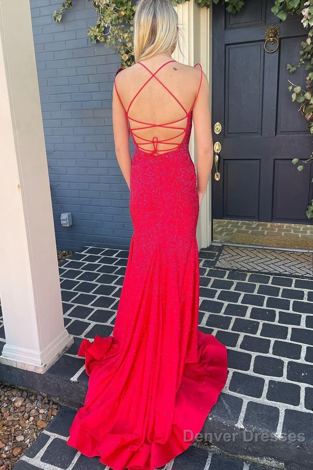 Mermaid Spaghetti Straps Red Long Prom Dress with Criss Cross Back Secondary image
