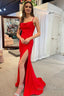 Mermaid Spaghetti Straps Red Long Prom Dress with Split Front