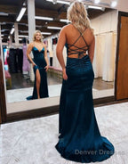 Mermaid Spaghetti Straps Satin Prom Dress with Slit