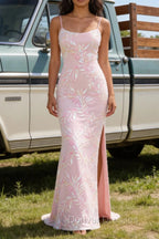 Mermaid Sparkly Pink Prom Dress with Slit