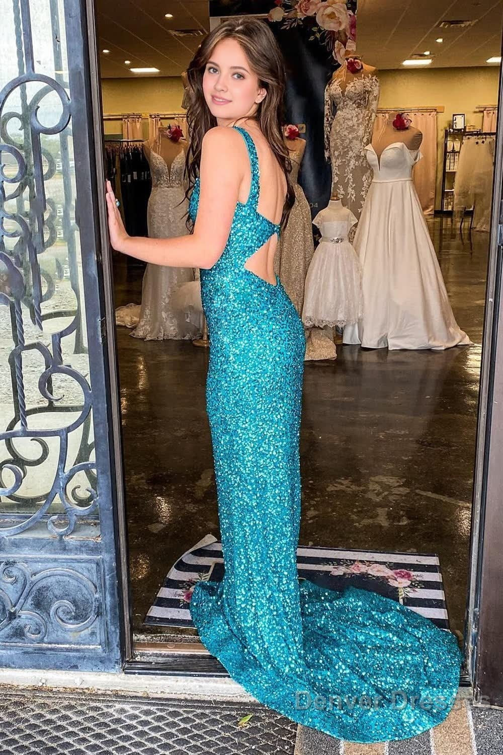 Mermaid Square Neck Sparkly Turquoise Sequins Long Prom Dress Secondary image