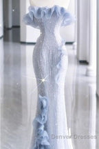Mermaid Strapless Blue Sequin Prom Dress Evening Dress