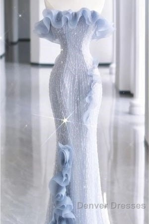 Mermaid Strapless Blue Sequin Prom Dress Evening Dress