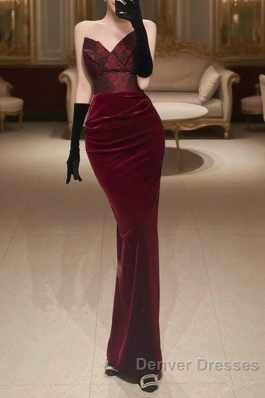 Mermaid Strapless Burgundy Long Lace Prom Dress