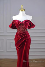 Mermaid Strapless Burgundy Velvet Prom Dress Evening Dress
