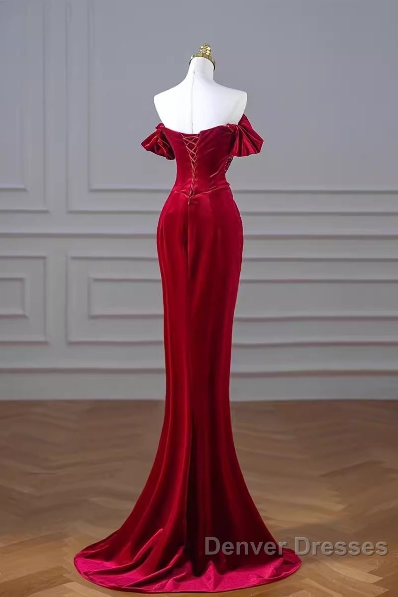 Mermaid Strapless Burgundy Velvet Prom Dress Evening Dress