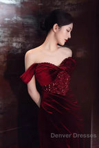 Mermaid Strapless Burgundy Velvet Prom Dress Evening Dress
