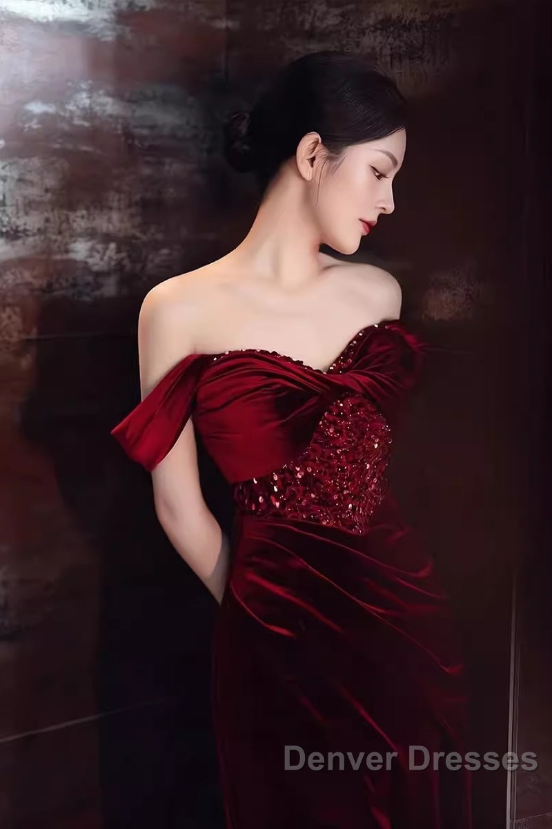 Mermaid Strapless Burgundy Velvet Prom Dress Evening Dress
