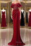 Mermaid Strapless Burgundy Velvet Prom Dress Evening Dress