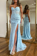 Mermaid Strapless Corset Lace Prom Dress with Slit