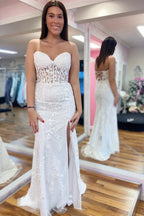 Mermaid Strapless Corset Lace Prom Dress with Slit