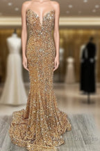 Mermaid Strapless Gold Sequin Prom Dress