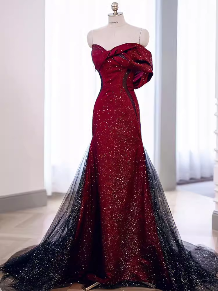 Mermaid Strapless Long Burgundy Prom Dress