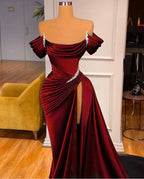 Mermaid Strapless Burgundy Long Slit Prom Dress Evening Dress