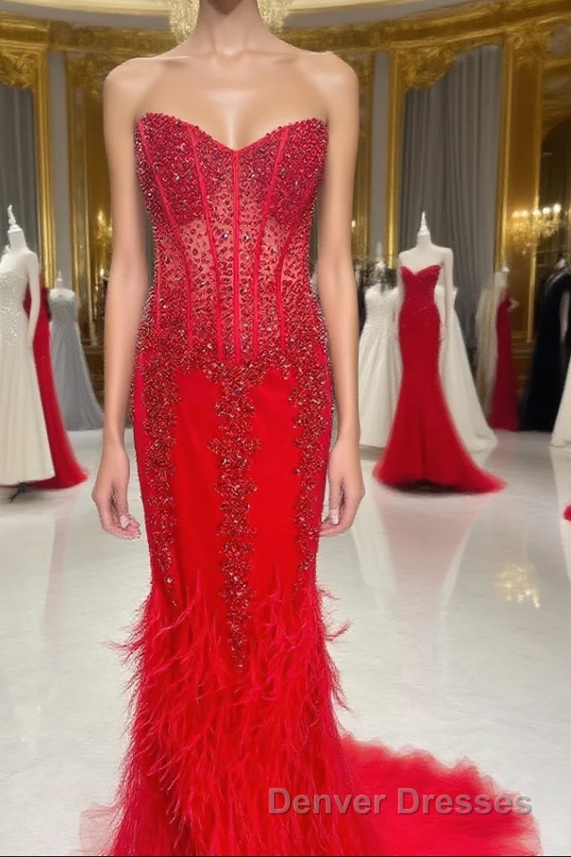 Mermaid Strapless Sequin-Embroidered Long Prom Dress with Feathers