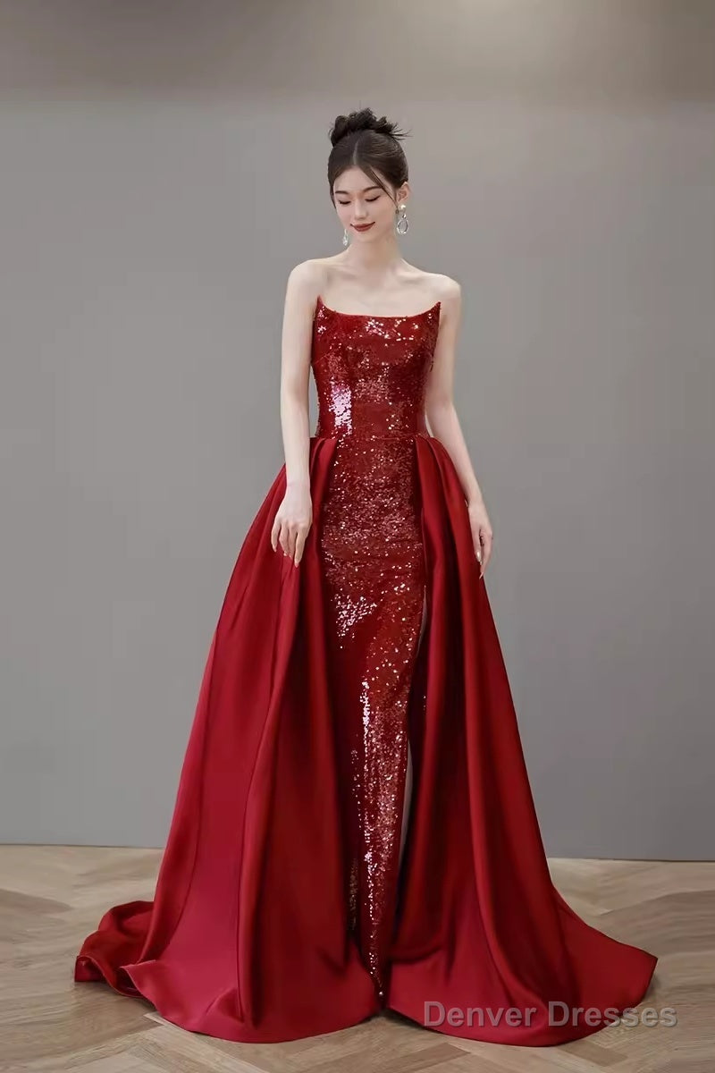 Mermaid Strapless Sequin Red Prom Dresses Long Evening Dress Main image