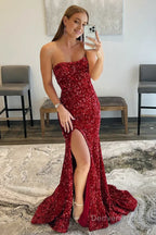 Mermaid Strapless Sequins Long Prom Dress with Slit