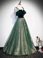 Green Straps Velvet Long Lace Prom Dress