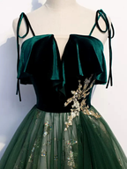 Green Straps Velvet Long Lace Prom Dress