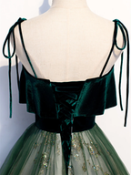 Green Straps Velvet Long Lace Prom Dress