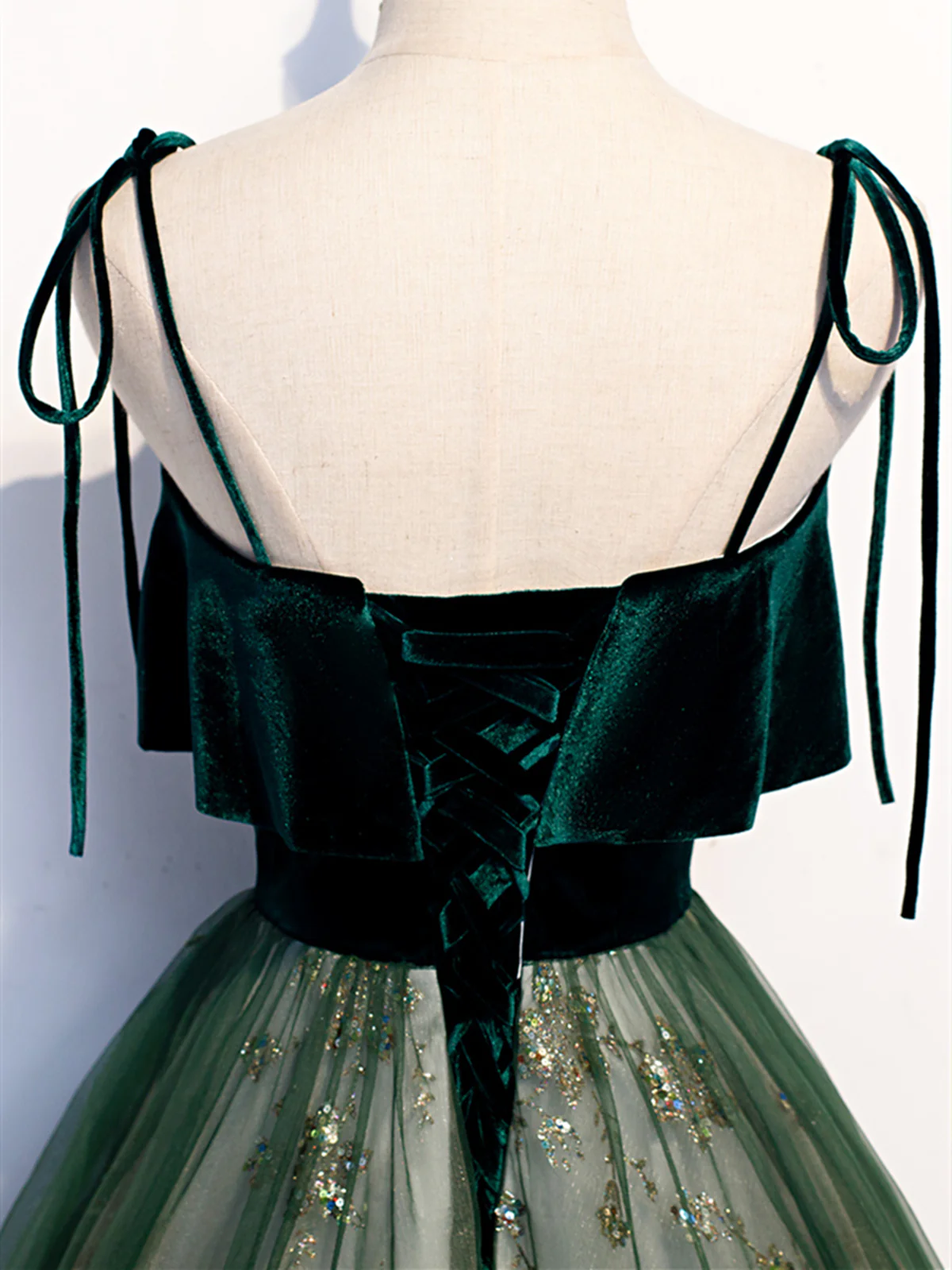 Green Straps Velvet Long Lace Prom Dress