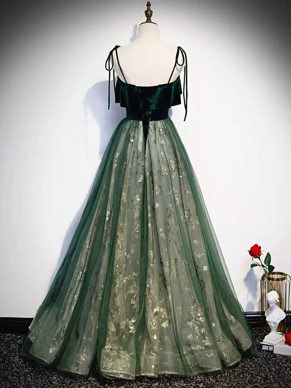 Green Straps Velvet Long Lace Prom Dress