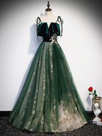 Green Straps Velvet Long Lace Prom Dress