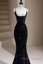 Mermaid Straps Long Black Sequin Prom Dress