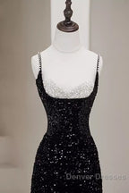 Mermaid Straps Long Black Sequin Prom Dress