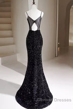 Mermaid Straps Long Black Sequin Prom Dress